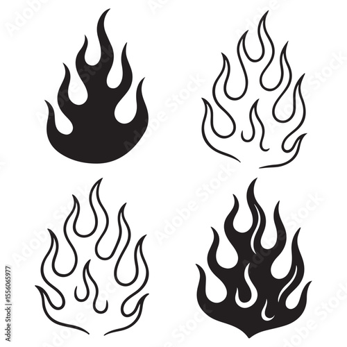 Black and white flame silhouette and outline style. Retro fire aesthetics, with flames.Flame silhouettes in 
classic 90s style, motorcycle and hot rod car style. Vector set