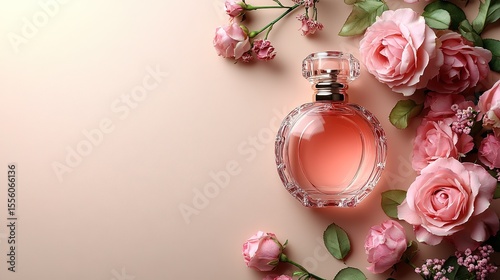 Elegant Perfume Bottle Surrounded by Pink Roses on Soft Beige Background for Beauty and Fragrance Marketing