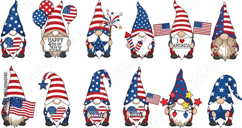 Collection of patriotic gnomes with american flags and stars for fourth of july celebration theme design
