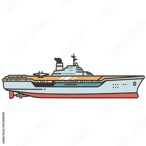 Aircraft carrier vector editable drawing of short-deck warship with turret guns, suitable for strategic games, naval education, or blueprint visuals.