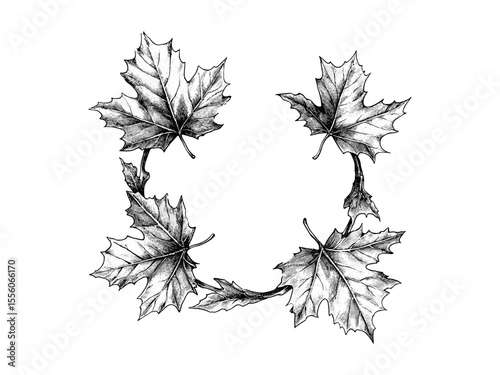 Maple leaf garland engraving, vintage autumn holiday decor, black sketch style, Thanksgiving seasonal motif, old engraving effect, trendy rustic fall illustration, harvest design
