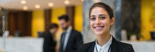 Young hispanic female receptionist smiling at hotel front desk.