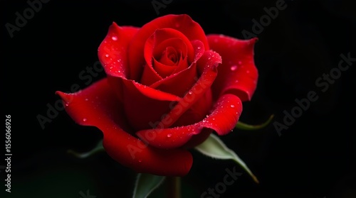 A close-up photograph of a single, bright red rose with dewdrops on its petals, against a dark background