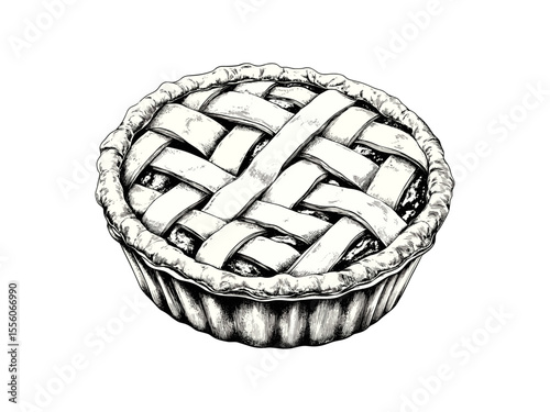 Vintage Thanksgiving pie engraving, seasonal dessert illustration in black sketch, hand-drawn holiday food icon, trendy decor, old engraving style, classic autumn harvest motif,