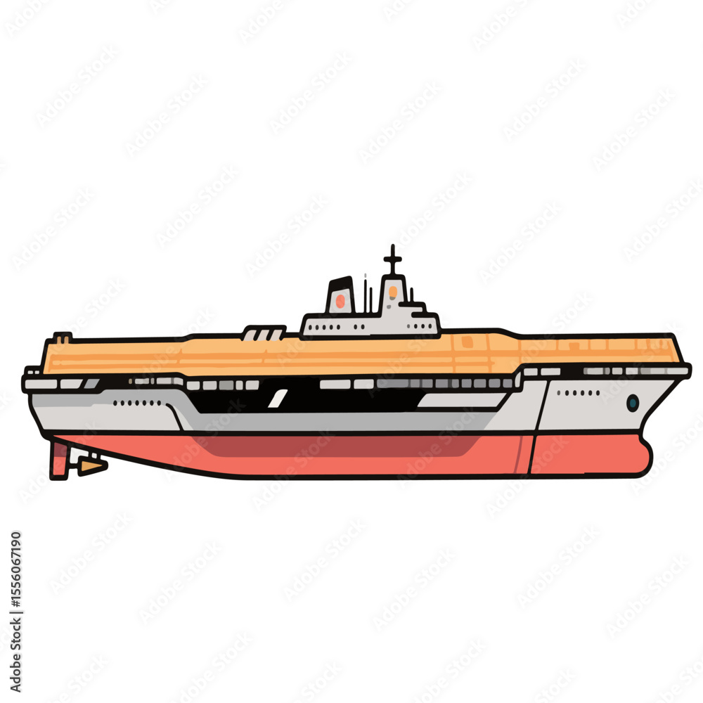 Obraz premium Aircraft carrier vector editable old-style warship in red hull design, suitable for retro visuals, naval education, or themed graphic representation work.
