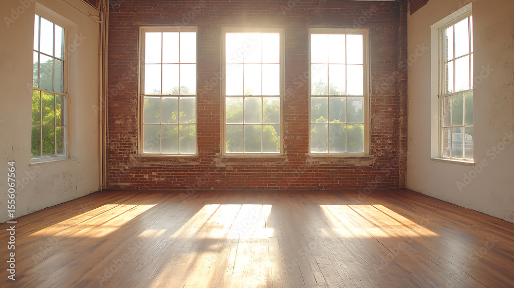 Obraz premium Light streaming through windows illuminating empty loft with red brick walls and polished wooden floors