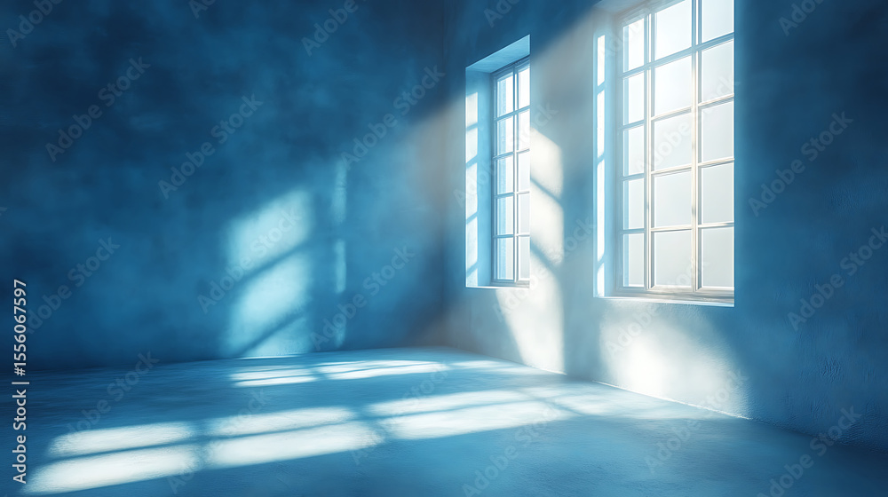 Obraz premium Light streaming through windows in empty room creating abstract shapes on plastered walls and polished concrete floor