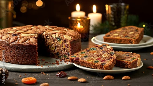 Delicious fruitcake display with almonds and candied fruits for festive occasions