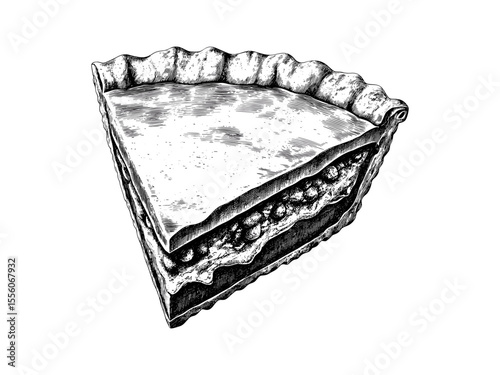 Hand-drawn Thanksgiving pie slice, vintage festive dessert engraving, rustic seasonal table decor, holiday motif sketch, trendy old engraving style, autumn harvest illustration