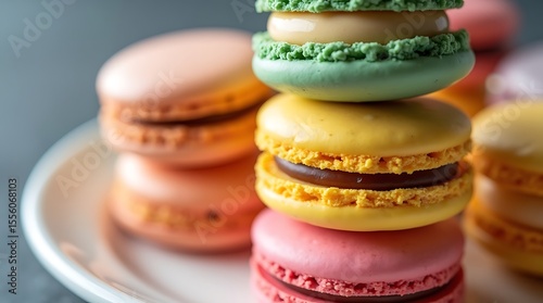 A close-up photograph of a colorful stack of macarons, with each layer a different flavor and color