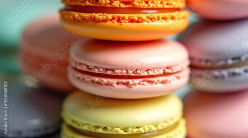 A close-up photograph of a colorful stack of macarons, with each layer a different flavor and color
