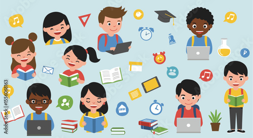 Kids Learning with Books and Laptops – Flat Illustration