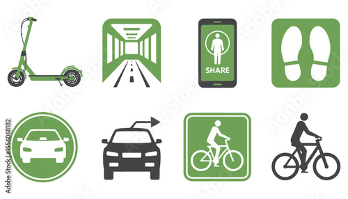 Green eco transport icons set: vector illustration of sustainable car, tree, leaf, and recycling symbols for ecology design