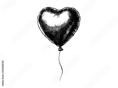 Vintage Valentine balloon engraving, romantic holiday icon, hand-drawn festive decor, black sketch style, old engraving technique, seasonal celebration art, love symbol graphic