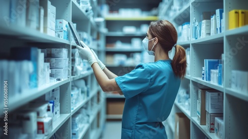 A pharmacist examines items in a pharmacy wearing surgical gloves