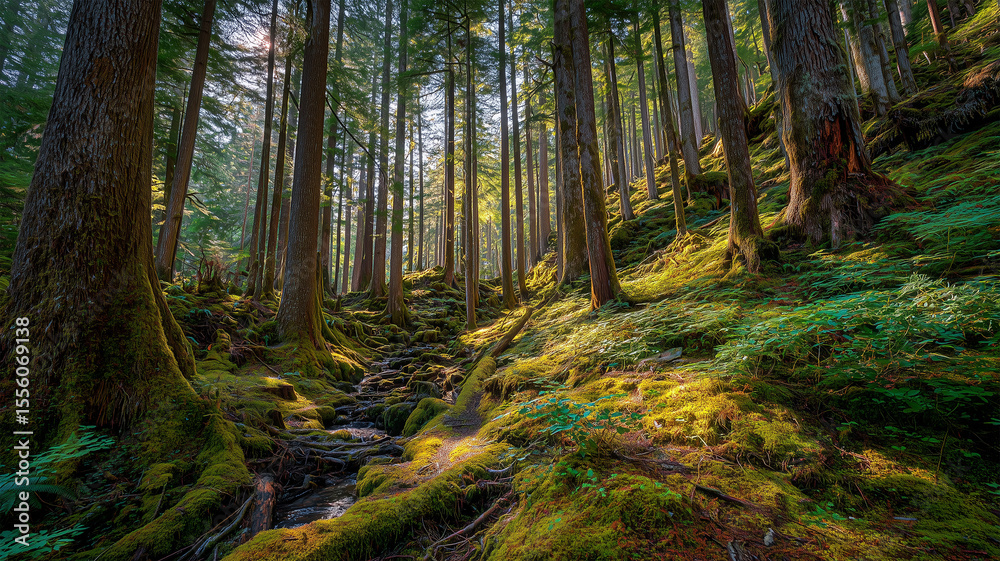 Obraz premium 光降り注ぐ古代温帯雨林の深遠なる神秘