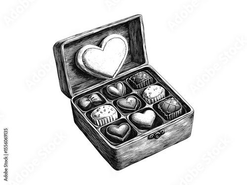 Vintage Valentine chocolate box engraving, hand-drawn romantic decor, holiday gift icon, trendy love motif, black sketch style, old engraving art, antique valentines design