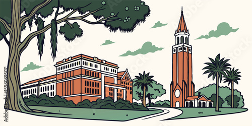 Vector silhouette of Gainesville with iconic UF buildings, cypress swamp trees, and a laid-back campus cityscape — ideal for Florida nature and university themes.