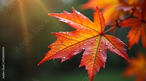 A close-up photograph of a colorful autumn leaf with veins and water droplets, against a blurred background