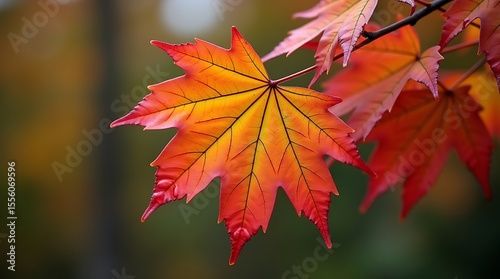 A close-up photograph of a colorful autumn leaf with veins and water droplets, against a blurred background