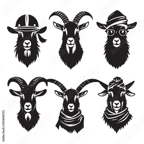 set of black various goat vector silhouettes isolated on white background