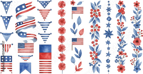 Watercolor american themed decorations with flags, banners, flowers, leaves and stars design set