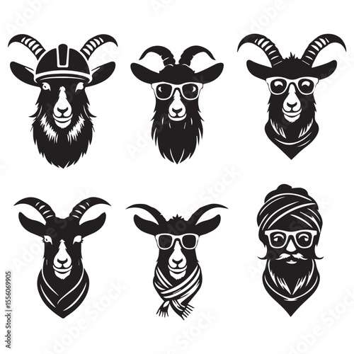 set of black various goat vector silhouettes isolated on white background