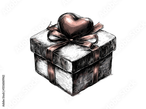 Hand-drawn Valentine chocolate box engraving, vintage love motif, black sketch style, romantic holiday gift icon, trendy antique decor, classic engraving style artwork
