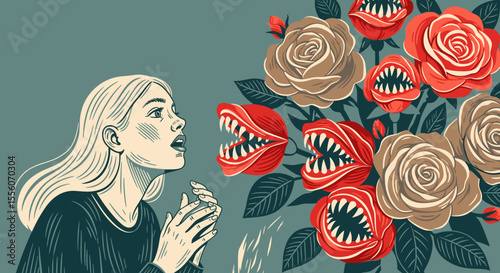 Woman recoiling as a bouquet of roses looking as monsters. Anthophobia fear of flowers illustrated with girl recoiling from roses with teeth. Surreal illustration depicting anthophobia fear.