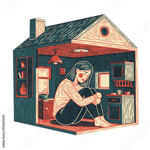 Agoraphobia scared woman trapped in house. Woman sits alone embracing knees inside small home. Illustration depicts girl feeling despair and anxiety.