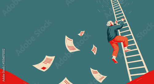 Atychiphobia fear of failure Person climbing a ladder disappearing into sky papers falling below. Person climbs upward striving for success overcoming obstacles.