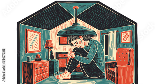 Claustrophobia illustration of a woman uncomfortably sitting in dollhouse-sized apartment, depressed of phobia. Depressed woman sits on floor in tiny room, legs crossed, arms hugging knees