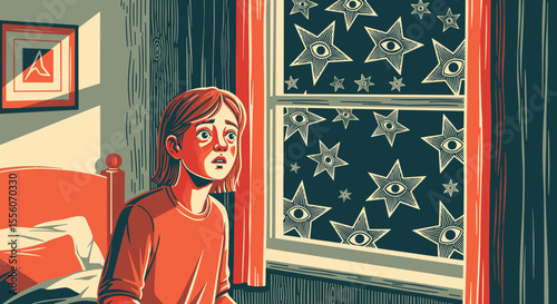 Girl looking out window at night sky filled with stars that have eyes. Noctiphobia fear of night. Child sits in bedroom window watching nighttime sky filled with mysterious stars.