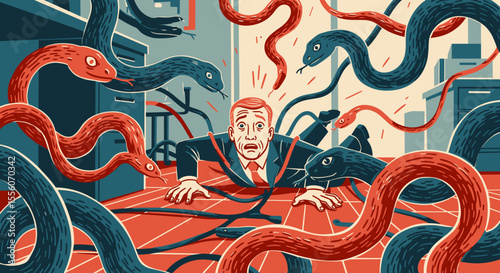 Office worker with ophidiophobia fear of snakes surrounded by cables on office floor that slowly morph into writhing snakes.