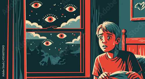 Frightening night scene with boy in bed, staring at window with many eyes outside. Child's fear is palpable, shown through his worried expression. Night scene perfect for horror books