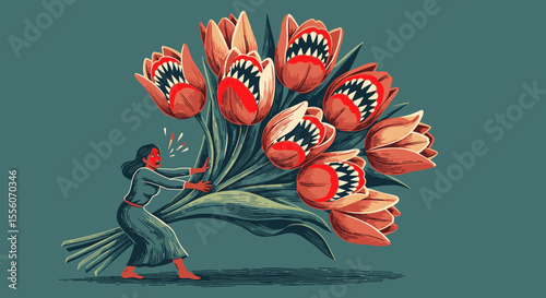 Woman with giant monstrous tulips bouquet Anthophobia.  Illustration depicts woman struggling under weight of enormous bouquet of tulips with teeth, symbolizing mental health burden.