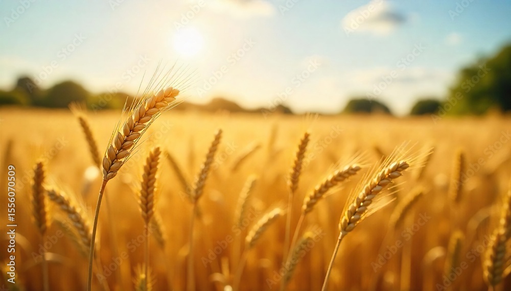 Naklejka premium Golden wheat swaying gently in the summer sun, ready for harvest A picturesque scene of rural abundance and agricultural bounty , harvest season, beautiful, landscapes