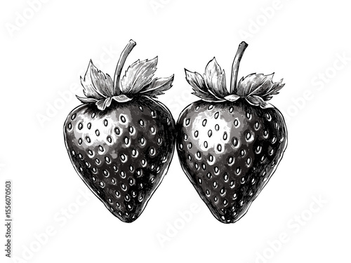 Vintage engraved Valentine strawberries, romantic dessert drawing, black sketch, trendy love decor, old engraving style, holiday motif, hand-drawn romantic treat, elegant design
