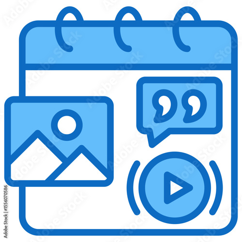 Media Schedule Blue Fill Outline Style Icon - Calendar page with media thumbnails, representing a visual content calendar or publishing planner