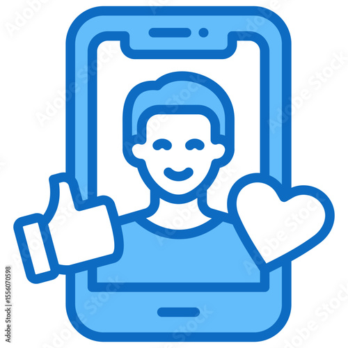 Influencer Post Blue Fill Outline Style Icon - Person on smartphone screen with thumbs up and heart, indicating influencer or social endorsement
