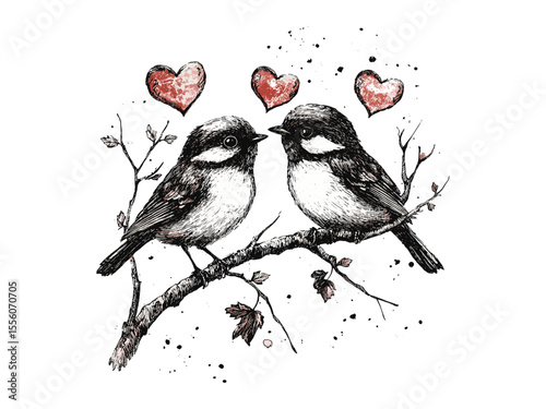 Hand-drawn Valentine birds couple engraving, romantic vintage holiday motif, black line sketch, trendy seasonal decor, old engraving style, elegant love illustration, classic art print