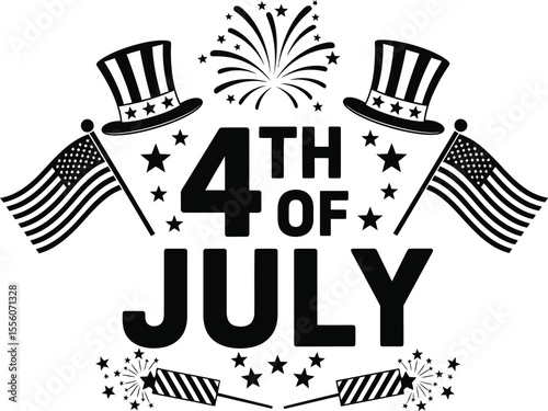Black and white fourth of july design with hats flags fireworks and sparklers for independence day celebration