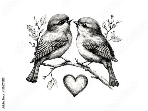 Romantic Valentine birds couple engraving, vintage holiday illustration, trendy black line art, seasonal love decor, antique hand-drawn sketch, classic love symbol, nostalgic style