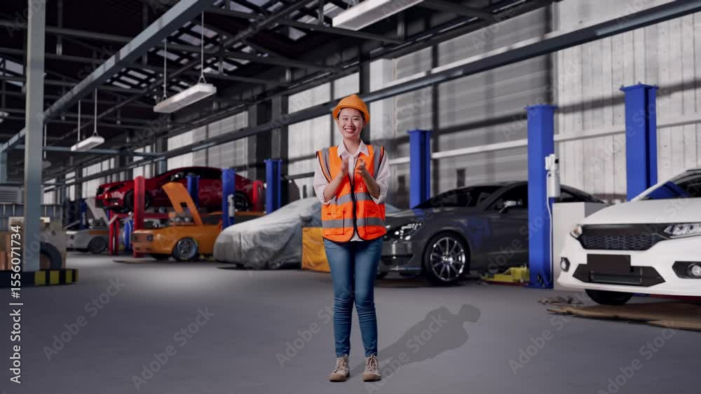 Full Body Of Asian Female Engineer With Safety Helmet Smiling And Clapping Her Hands While Standing in Auto Repair Shop Full Body Of Asian Female Engineer With Safety Helmet Smiling And Clapping Her Hands While Standing in Auto Repair Shop