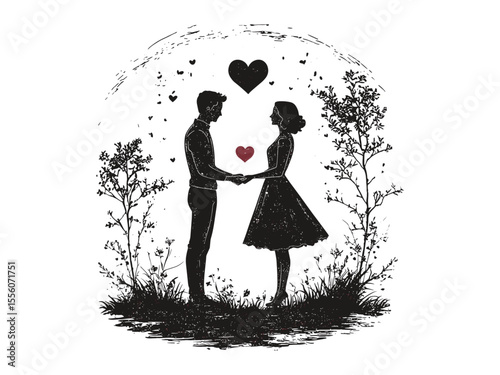 Valentine couple silhouette holding hands, vintage romantic icon, love holiday decor, black sketch, old engraving style, hand-drawn illustration, anniversary gift design, wedding symbol