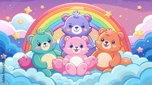 A group of pastel-colored Care Bears sit on fluffy clouds under a rainbow sky. Each has a glowing belly symbol—a star, heart, or sunshine—that radiates gentle warmth. Soft lighting and sparkles give 