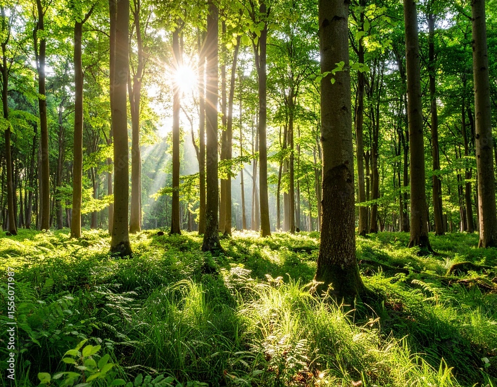 Fototapeta premium マイナスイオンを感じる緑の森の中 朝日が射しこむさわやかでポジティブな雰囲気 