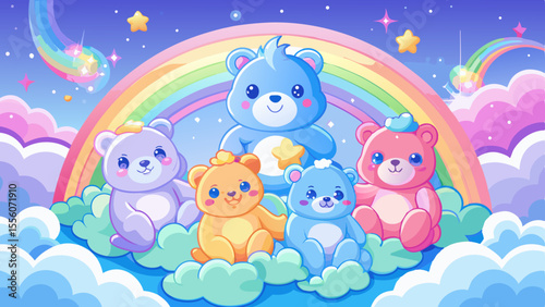 A group of pastel-colored Care Bears sit on fluffy clouds under a rainbow sky. Each has a glowing belly symbol—a star, heart, or sunshine—that radiates gentle warmth. Soft lighting and sparkles give 