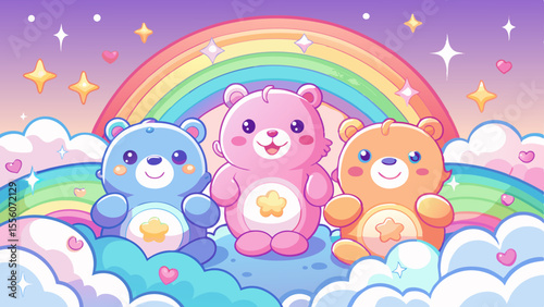 A group of pastel-colored Care Bears sit on fluffy clouds under a rainbow sky. Each has a glowing belly symbol—a star, heart, or sunshine—that radiates gentle warmth. Soft lighting and sparkles give 