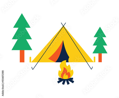 Abstract summer camp vector illustration with tent, campfire, forest, hiking, and nature. Outdoor vacation adventure concept for high school or family travel and recreation themes.


